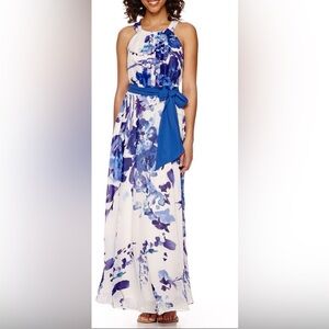 R & K Sleeveless Blue & White Floral Chiffon Sheer Maxi Dress Plus Size 22W Tie